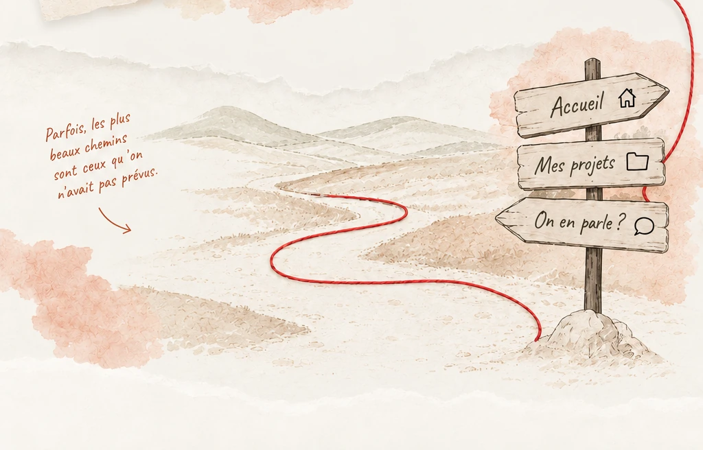 Illustration d’un paysage aquarellé avec un chemin sinueux et un panneau directionnel en bois indiquant Accueil, Mes projets, On en parle ?