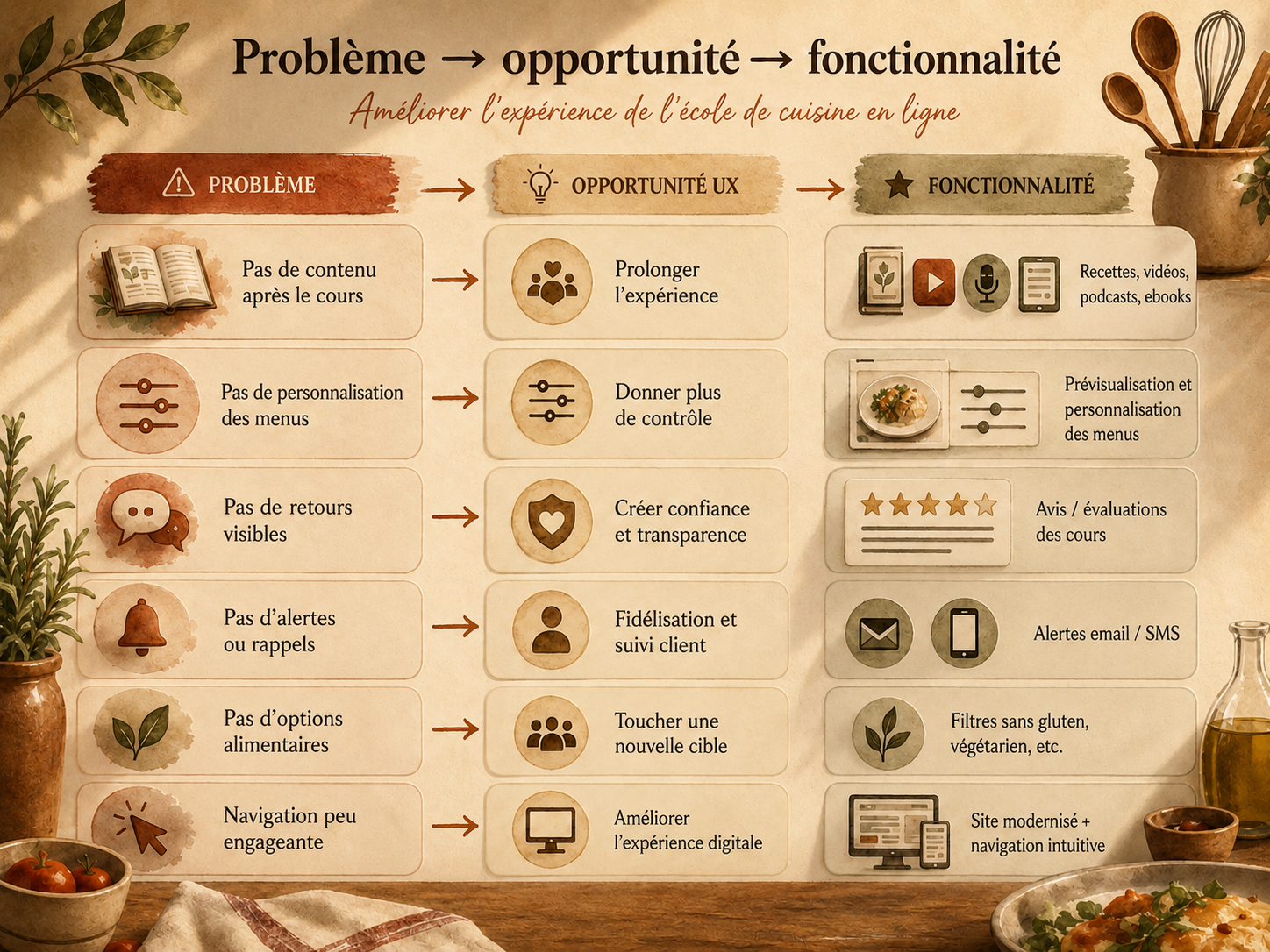 Matrice Problème ➔ Opportunité ➔ Fonctionnalité UX Les Cordons Bleus